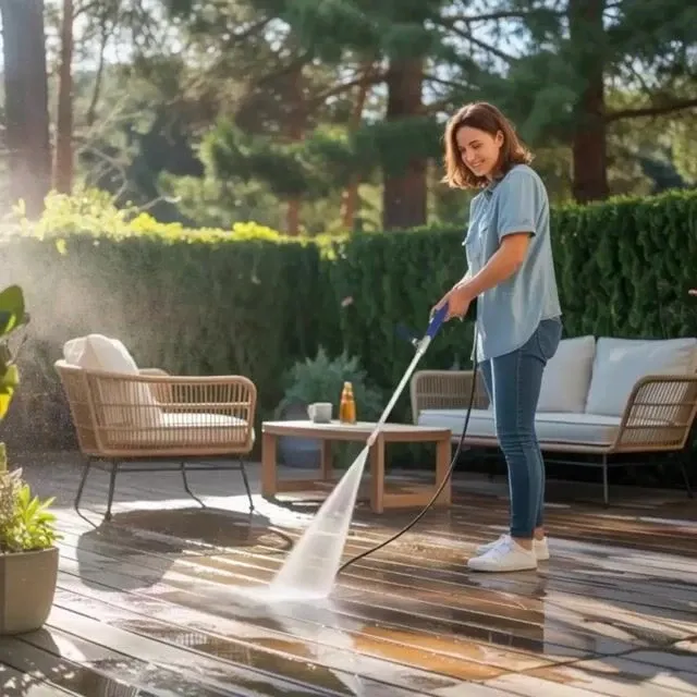A woman easily cleaning a wooden backyard deck using the JetHose fan spray attachment for gentle yet effective outdoor maintenance