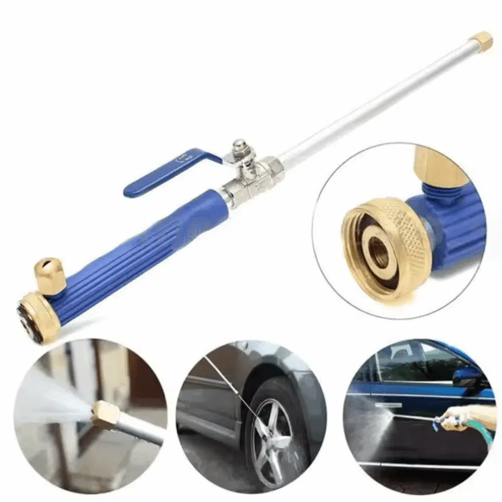 JetHose features including a 3/4-inch brass hose connector, high-pressure jet stream, and fan spray patterns for professional car detailing and outdoor cleaning