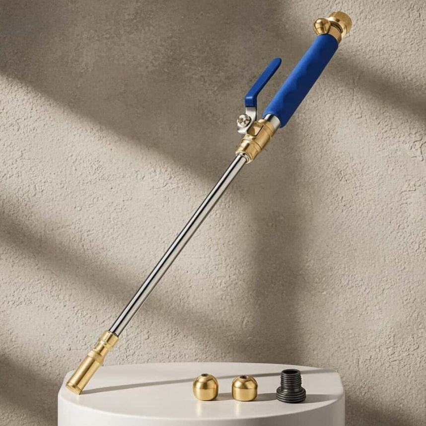 JetHose high-pressure washer kit featuring a stainless steel wand, brass spray tips, and universal hose connector for home outdoor cleaning
