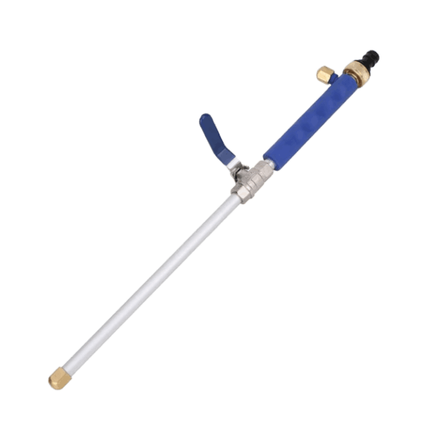 JetHose high-pressure water nozzle with blue handle and brass spray tip for heavy-duty outdoor cleaning
