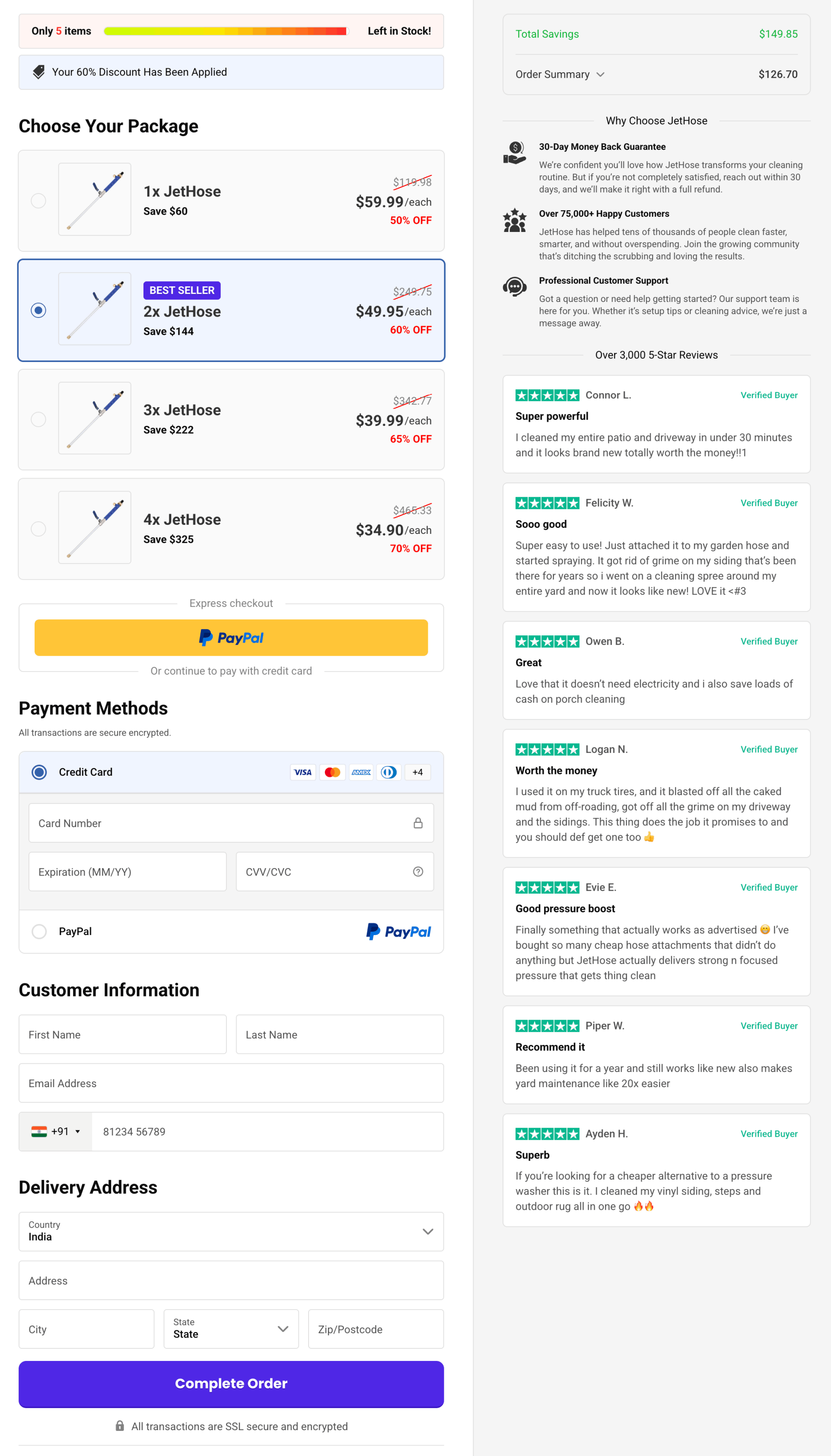 JetHose secure checkout page showing multiple package discounts, PayPal payment options, and verified customer reviews
