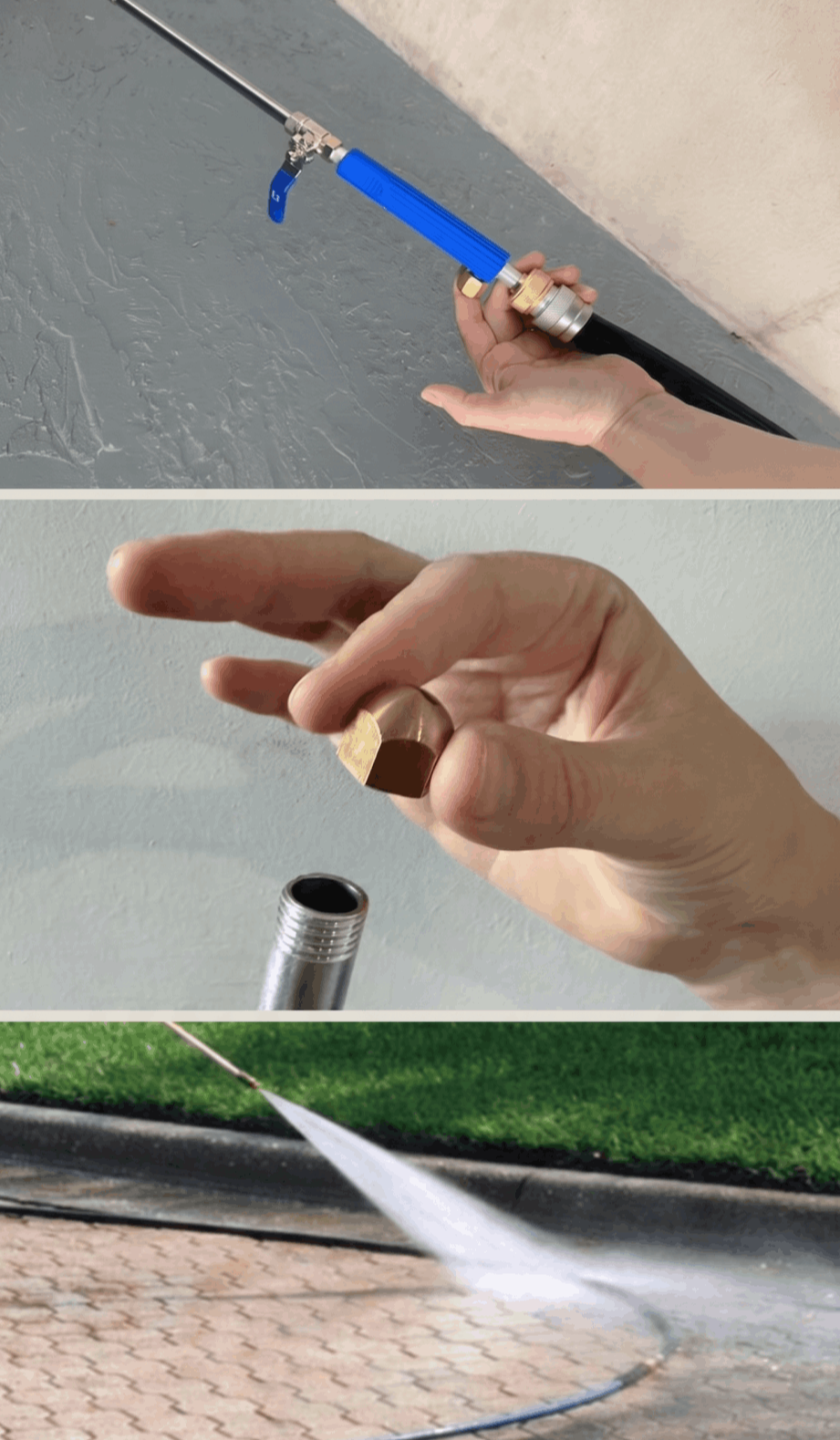 Step-by-step JetHose installation showing how to connect jet hose to a standard garden hose and attach the brass spray tip