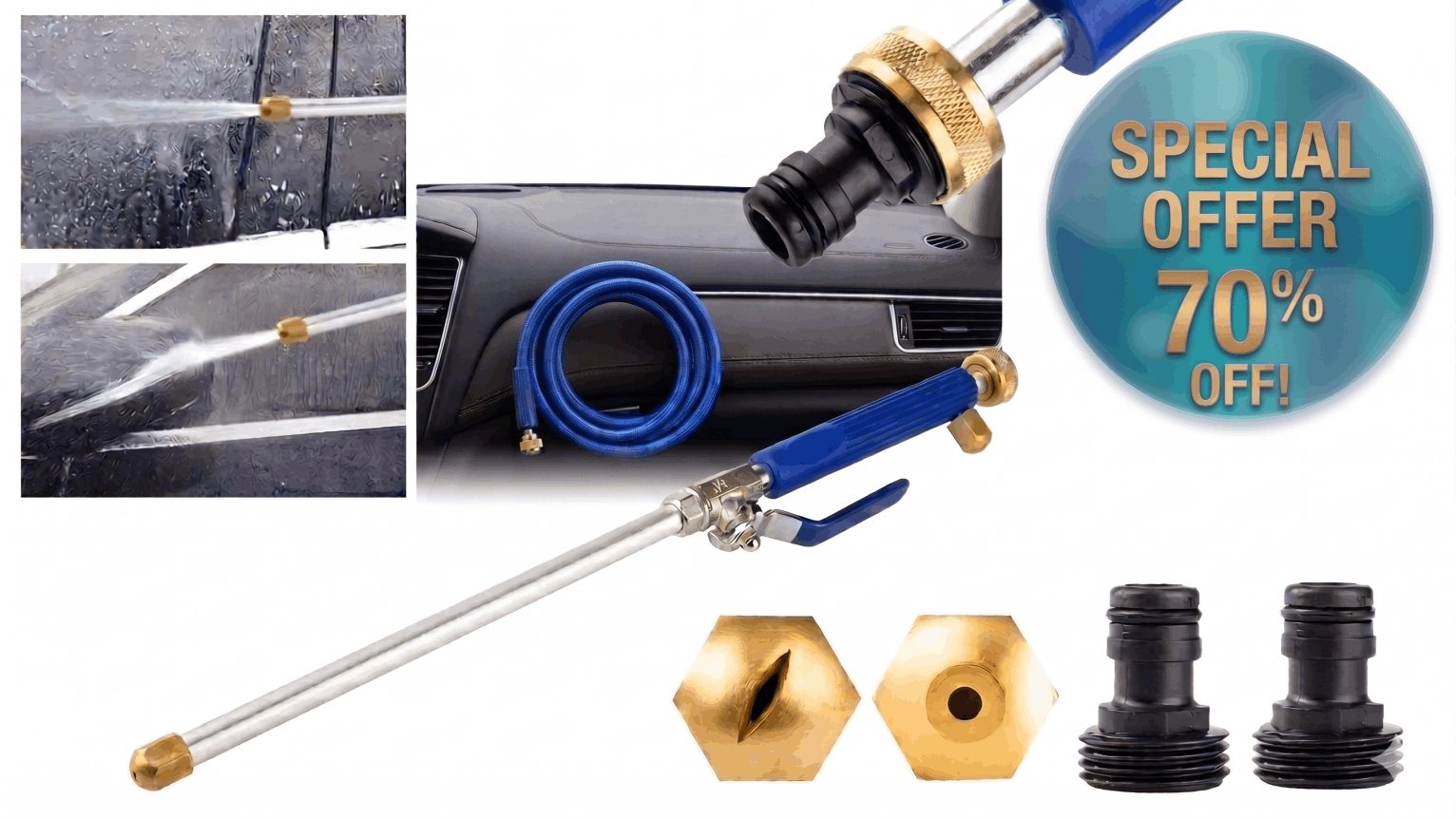 JetHose 70 percent off special offer featuring high-pressure jet and fan spray nozzle tips for professional car washing