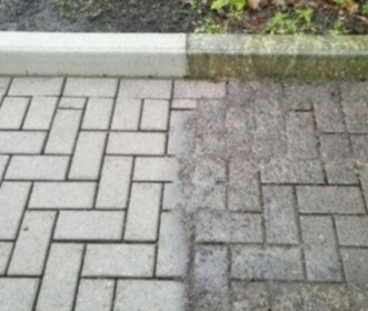 Before and after comparison of a brick patio being cleaned with the JetHose pressure nozzle, removing years of dirt and grime